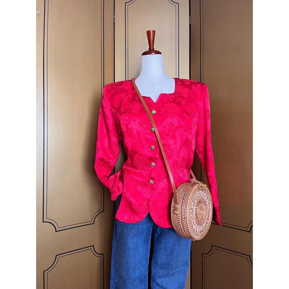 Vintage cotton blend jacket in red brocade with statement buttons, size 12